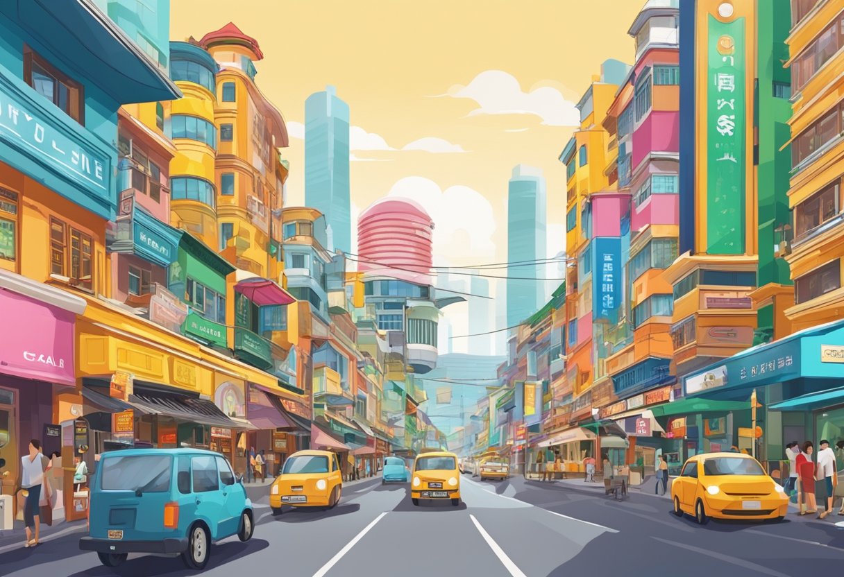 A bustling city street with colorful buildings and vibrant signs, showcasing the energetic atmosphere of Singapore's Gabbar district