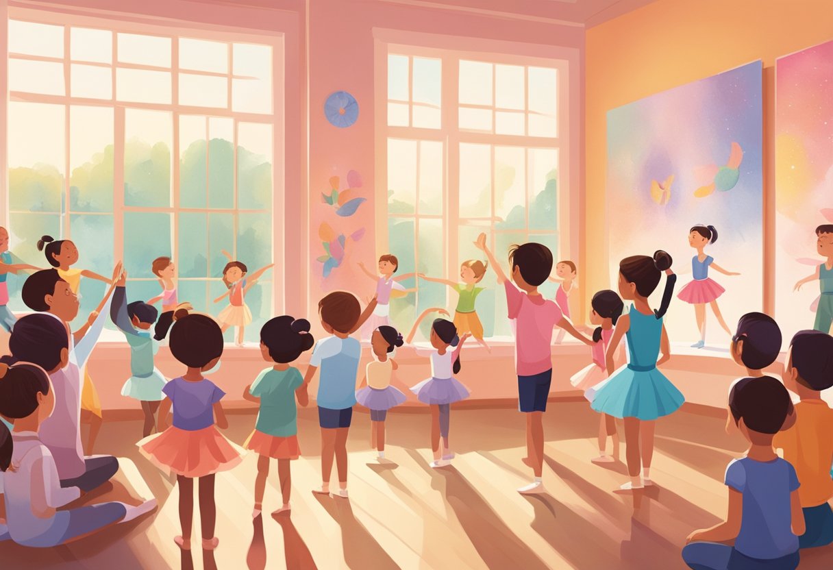 A group of children eagerly watch a ballet performance in a vibrant, sunlit studio, surrounded by colorful posters promoting dance education in Singapore