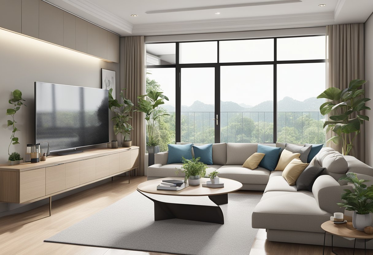 A modern living room in Singapore with sleek furniture, a neutral color palette, and large windows letting in natural light
