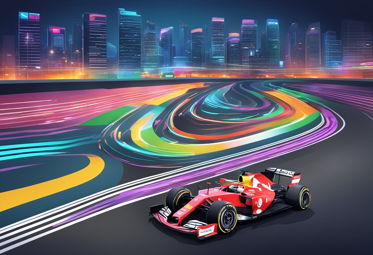 The Formula 1 Singapore schedule is displayed on a digital screen with colorful graphics and clear text. The backdrop is a bustling race track with bright lights and a vibrant atmosphere