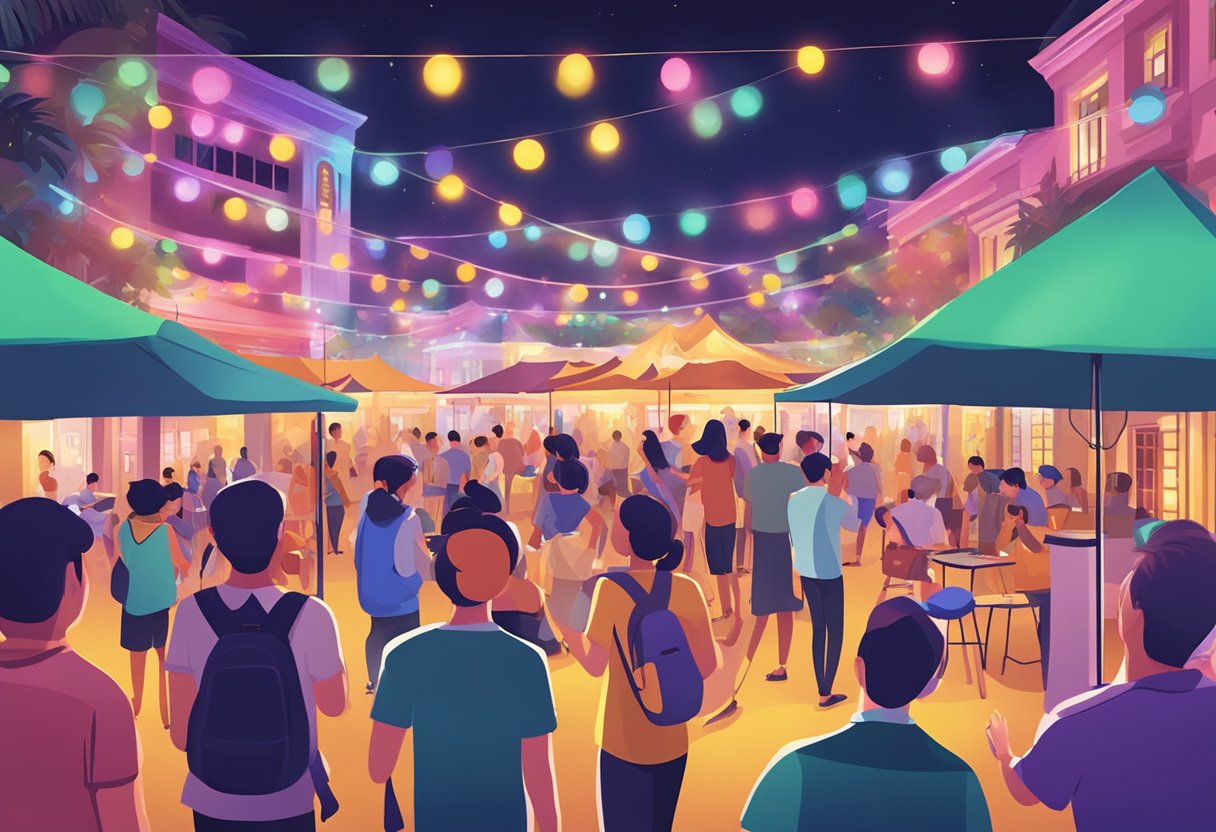 People enjoying live music, colorful lights, and interactive games at an outdoor event in Singapore