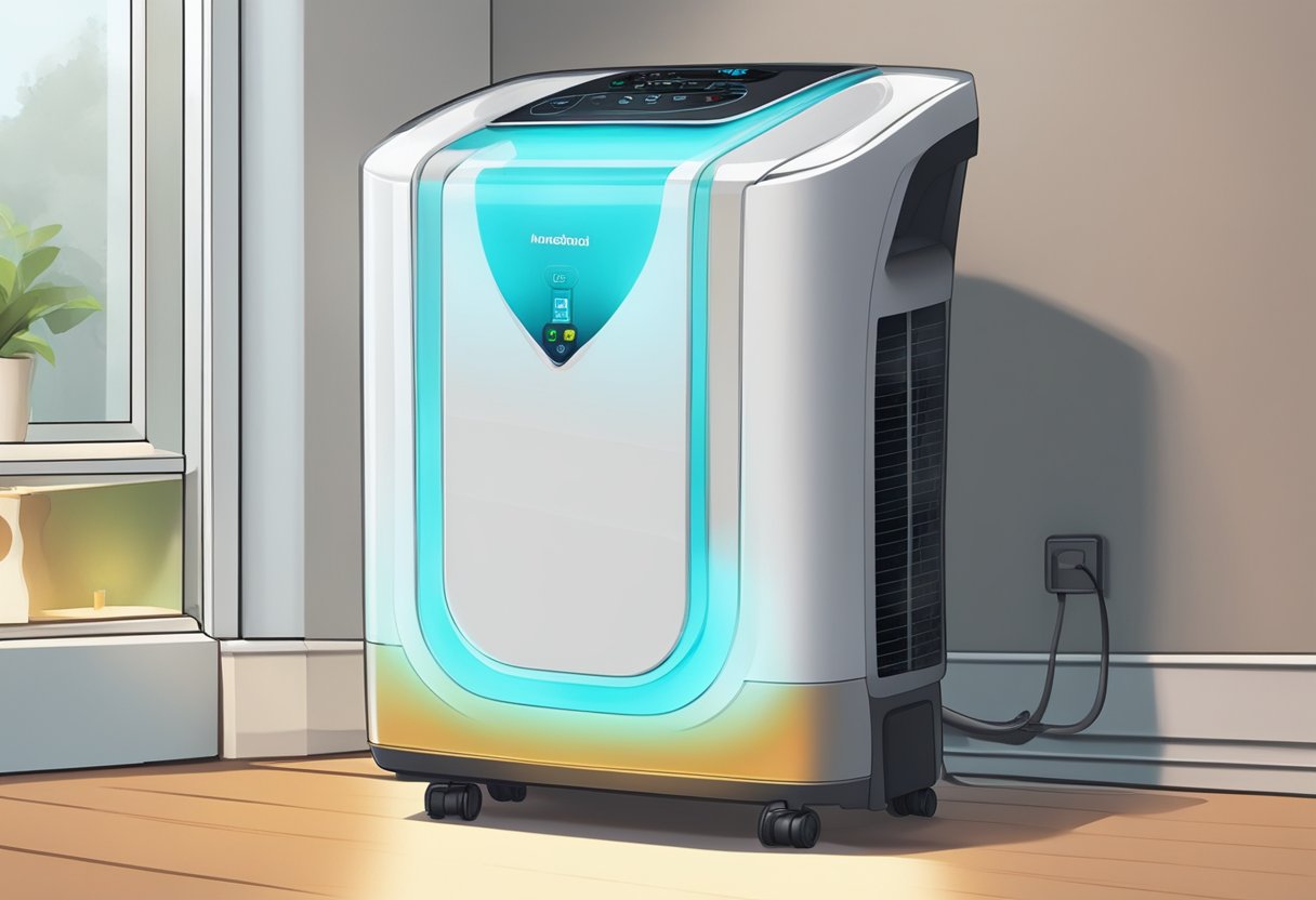 A dehumidifier sits in a humid Singaporean room, collecting moisture from the air. The machine's indicator light glows, showing it's actively working