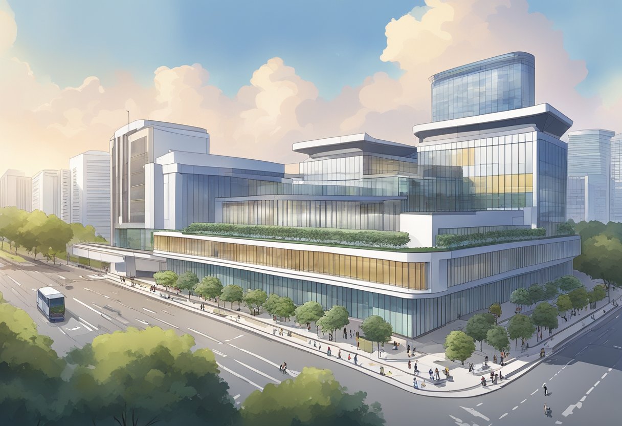 The town council building in Singapore stands tall, with its sleek modern architecture and clean lines. The surrounding area is bustling with activity, as people go about their daily business