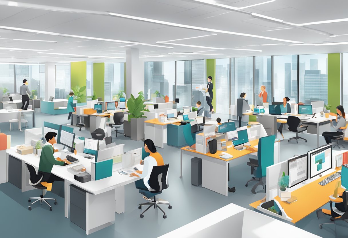 A bustling office with Adecco Singapore branding, employees working at desks, and a diverse team collaborating in a modern, professional setting