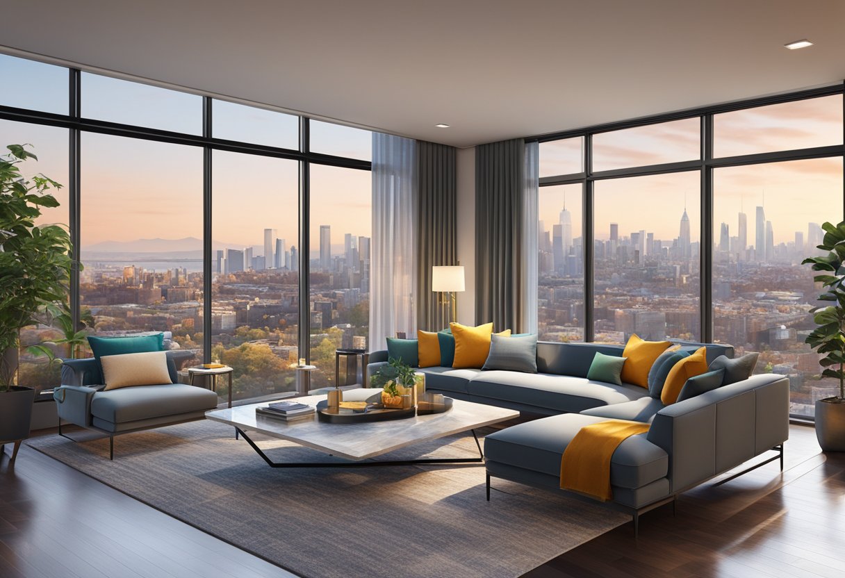 A modern living room with sleek furniture, vibrant accent colors, and large windows overlooking the city skyline