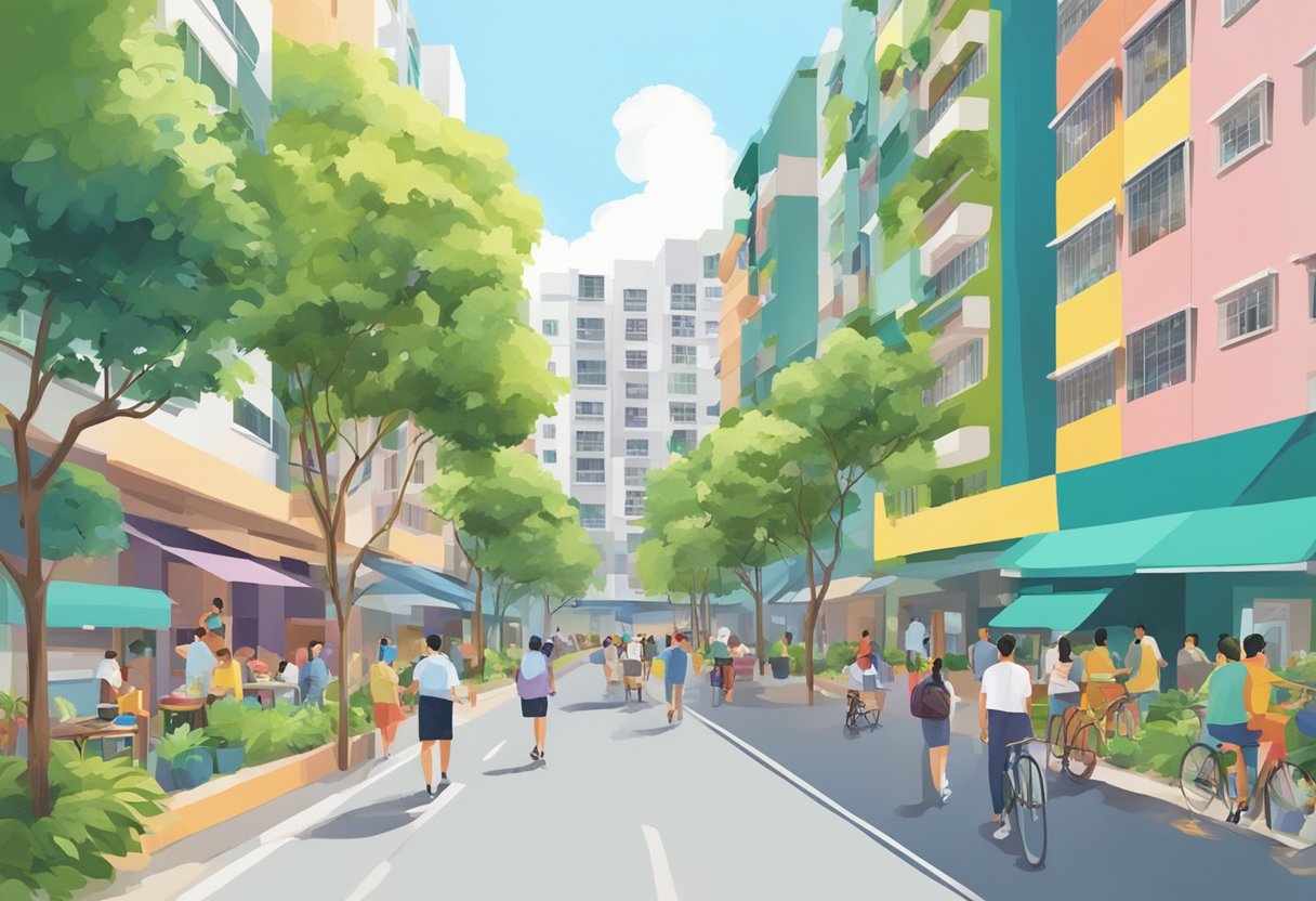 A bustling street in HDB Singapore, with colorful apartment blocks, lush greenery, and people going about their daily activities