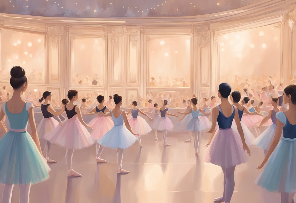 Ballet Singapore FAQs: Ballerinas in graceful poses, instructor answering questions, audience watching performance