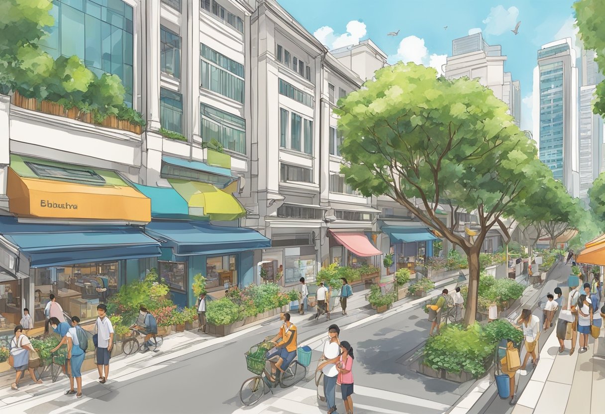 The Town Councils in Singapore are bustling with activity, as workers diligently maintain the cleanliness and functionality of the public spaces. Buildings and greenery line the streets, creating a vibrant and lively atmosphere