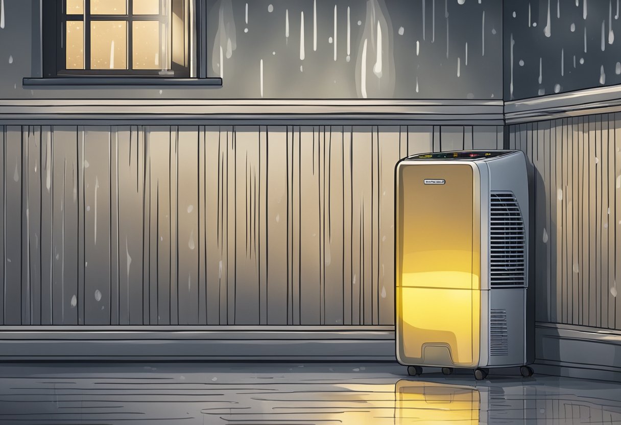 A dehumidifier sits in a damp room, collecting moisture from the air. The room is dimly lit, with condensation on the windows