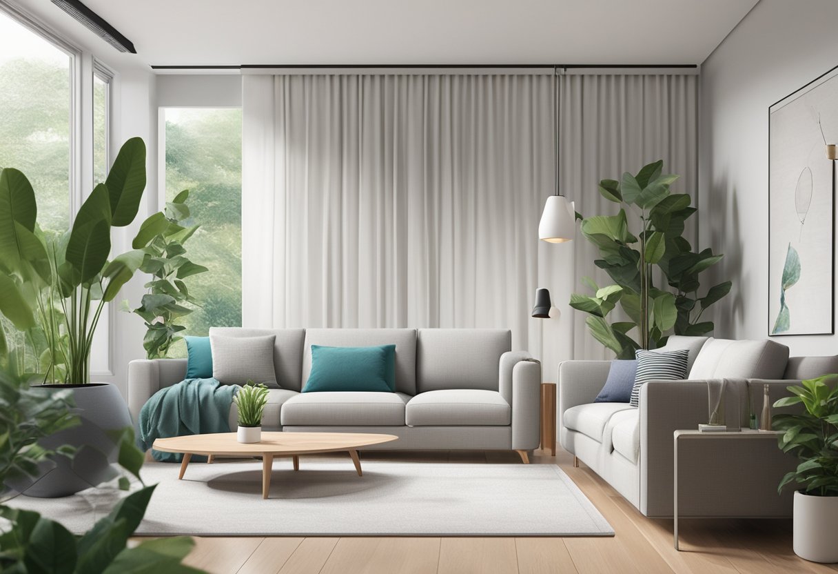 A dehumidifier sits prominently in a modern Singaporean living room, surrounded by lush green plants and sleek furniture. The device hums softly as it effectively removes excess moisture from the air