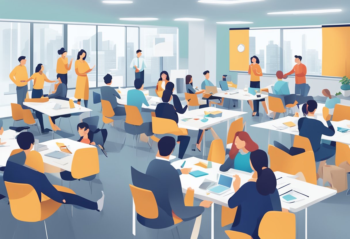 Employees engaging in training workshops, receiving mentorship, and enjoying company benefits like flexible work hours and wellness programs at Adecco Singapore