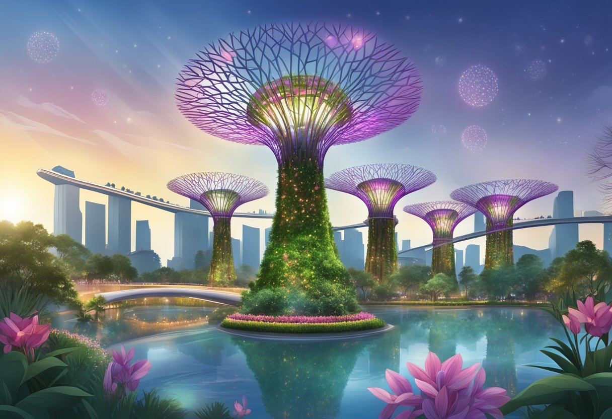 The iconic Gardens by the Bay in Singapore, with its futuristic Supertree Grove and shimmering Flower Dome, stands against the city skyline