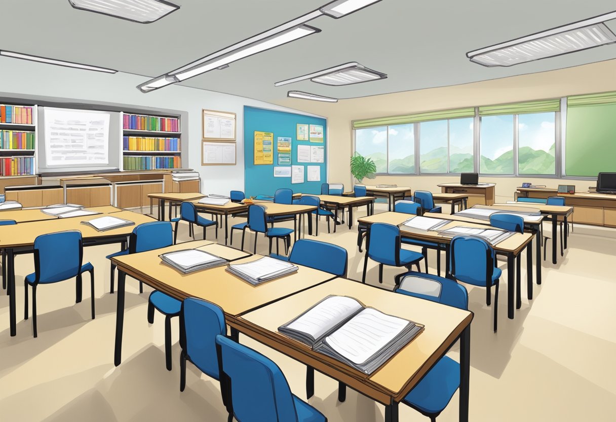 A classroom filled with textbooks, whiteboards, and desks arranged in rows, showcasing a diverse range of academic programmes and curricula at GIIS Singapore