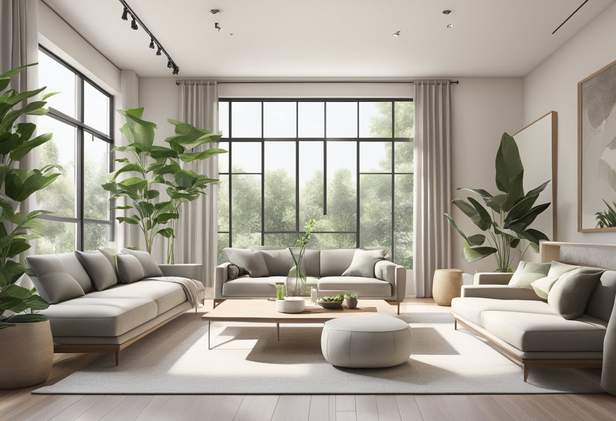 A room with modern furniture, clean lines, and a neutral color palette. Large windows let in natural light, and plants add a touch of greenery