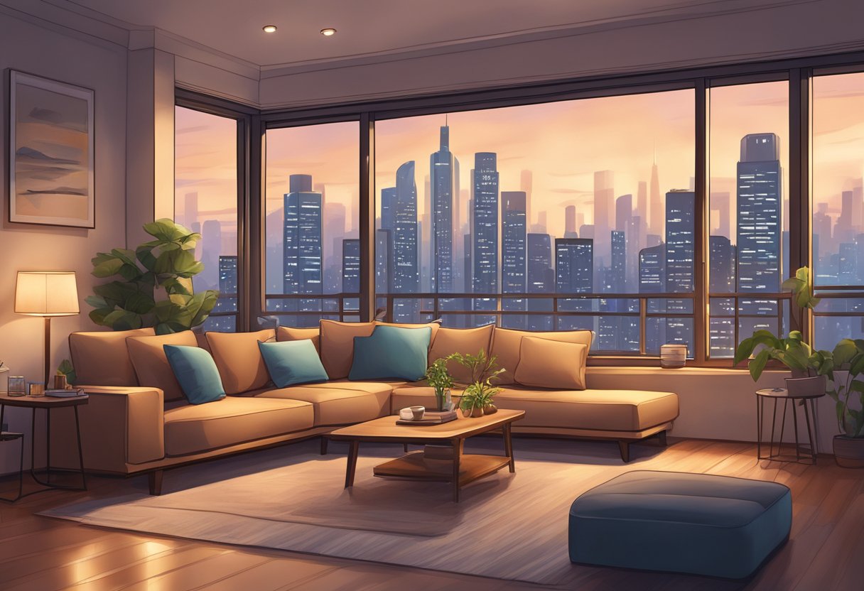 A cozy HDB living room with a comfy sofa, warm lighting, and a view of the bustling city skyline through the large windows