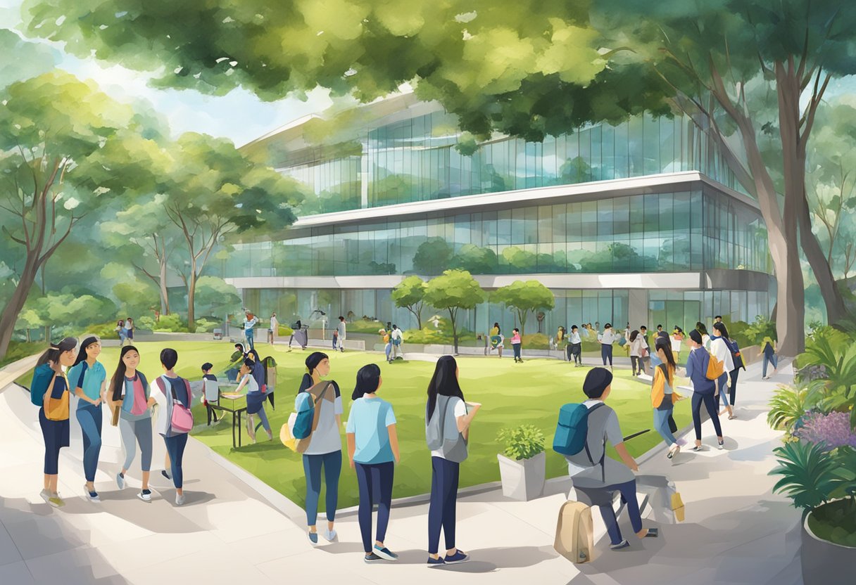 The bustling campus of GIIS Singapore, with modern facilities, lush greenery, and students engaged in various activities