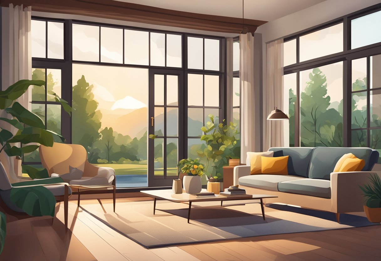 A cozy living room with modern furniture, warm lighting, and stylish decor. A large window lets in natural light, with a view of a lush garden outside