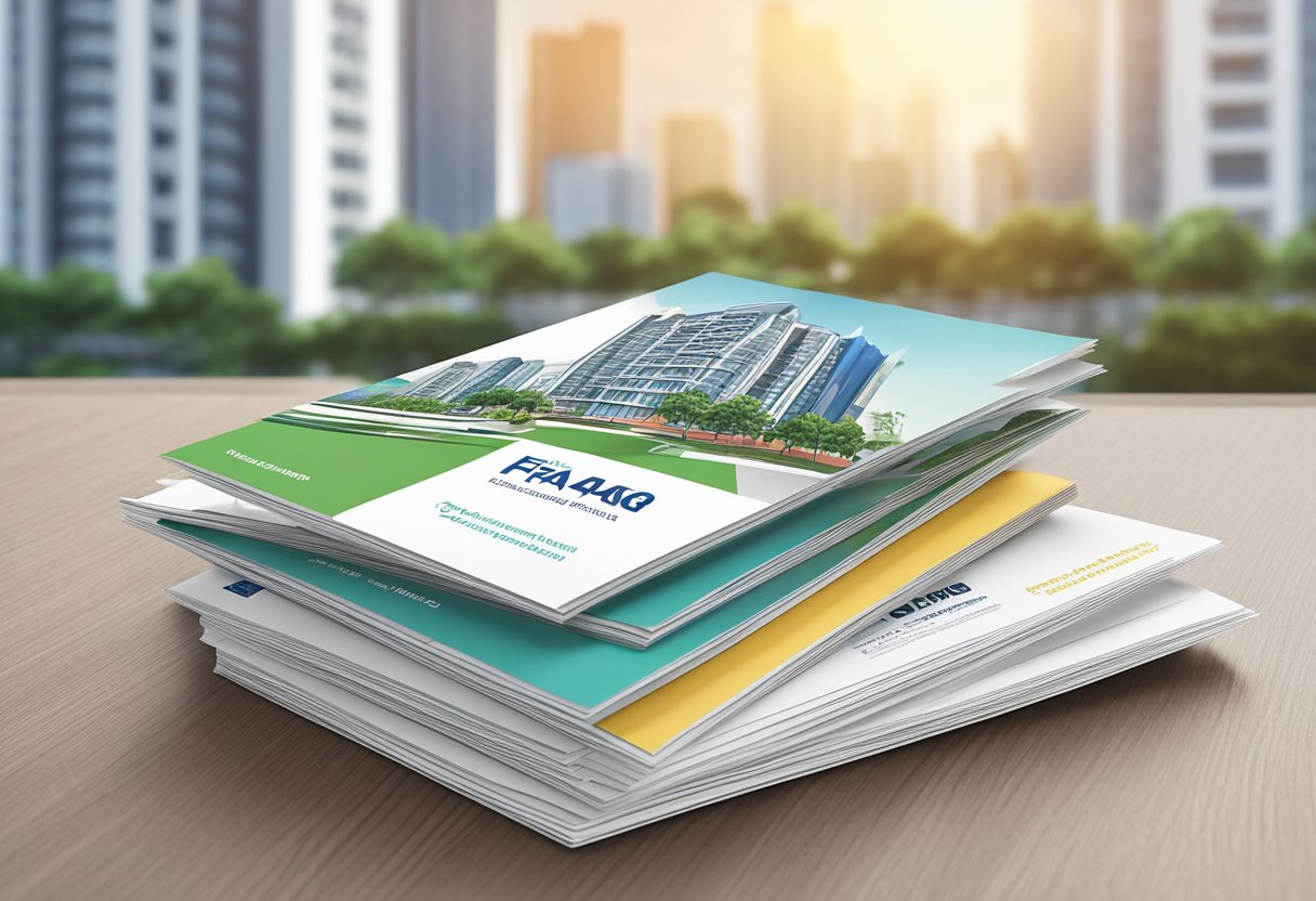 A stack of FAQ brochures on a table, with a Singapore HDB building in the background