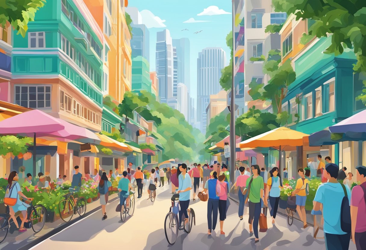 A bustling street in Singapore with colorful buildings and lush greenery, filled with people enjoying the vibrant atmosphere
