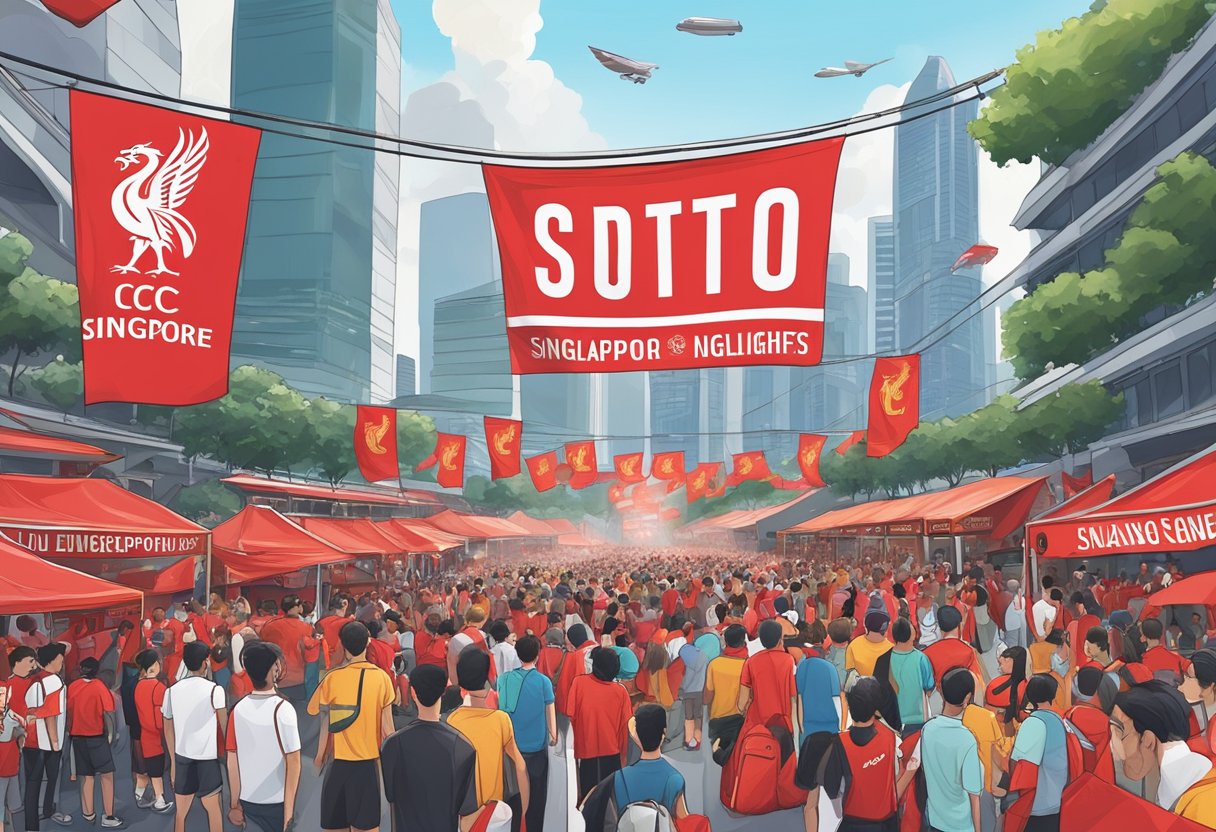 The bustling streets of Singapore are adorned with Liverpool FC banners and flags, as fans gather to celebrate the pre-season highlights event. The iconic skyline and vibrant atmosphere create a dynamic and exciting backdrop for the illustration