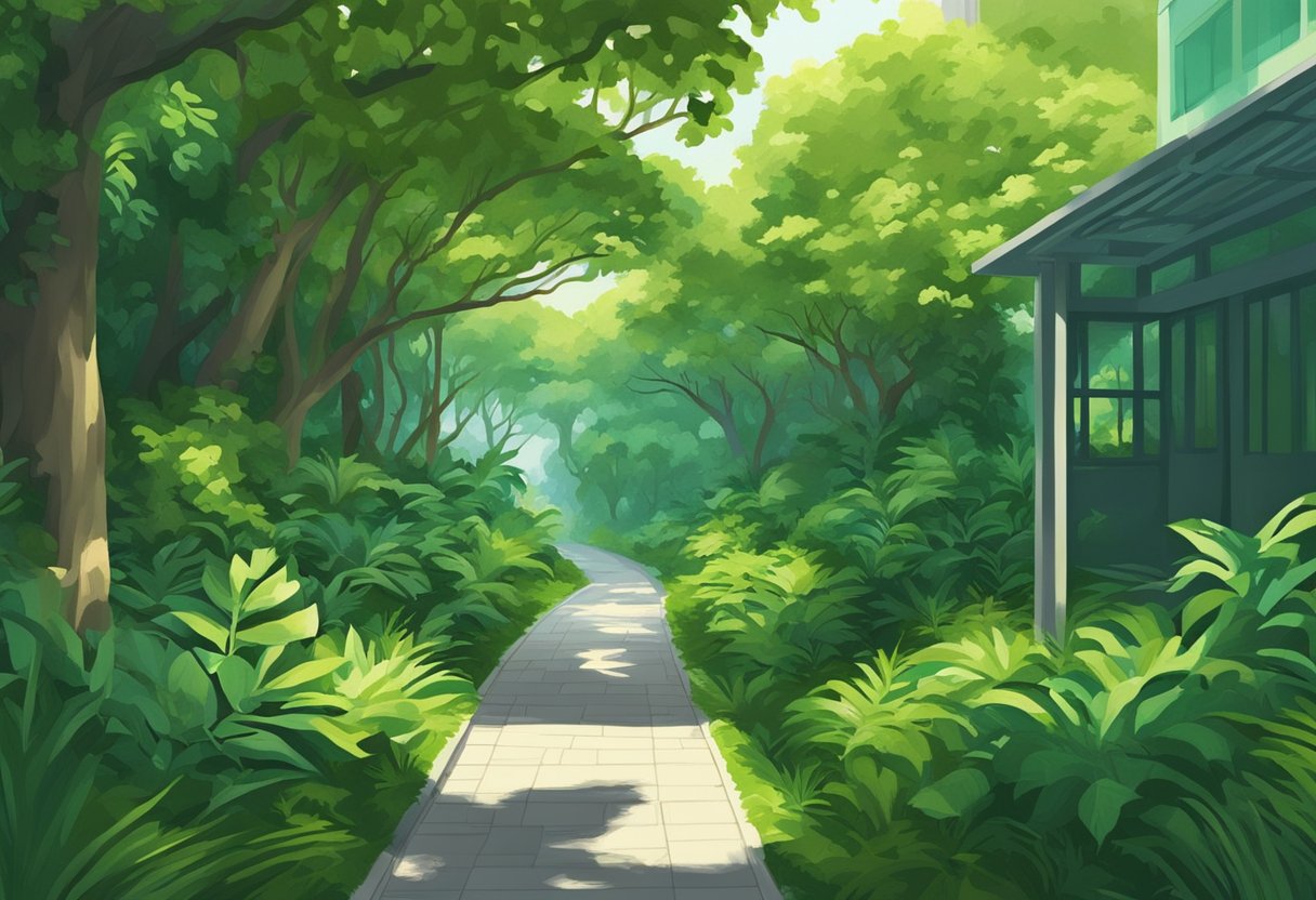 A lush, verdant corridor in Singapore, with vibrant green foliage lining the path and casting dappled shadows on the ground