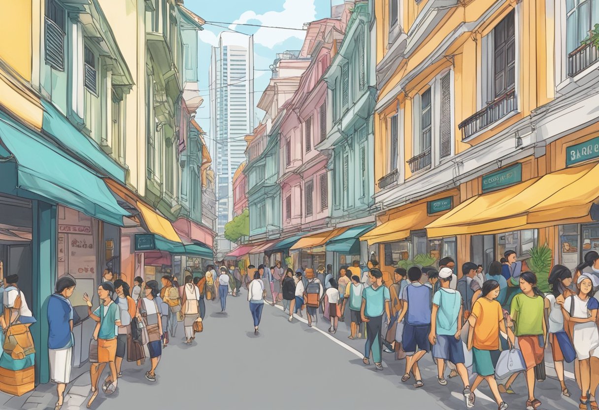 A bustling street in Singapore, with colorful storefronts and a sign for "Baci Baci baci baci" standing out among the crowd