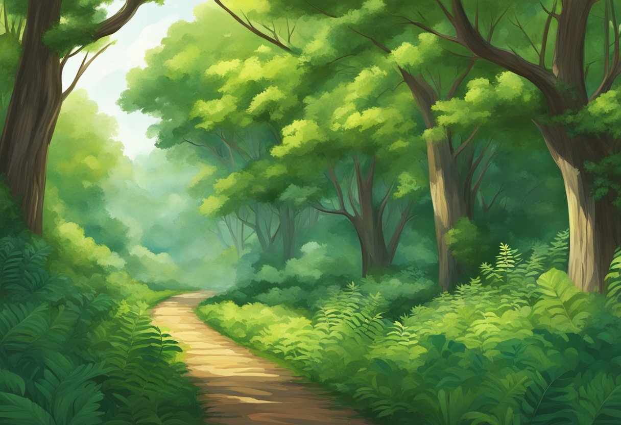 Lush vegetation lines the old railway track, with towering trees and vibrant foliage creating a serene and peaceful atmosphere. The path stretches into the distance, inviting exploration