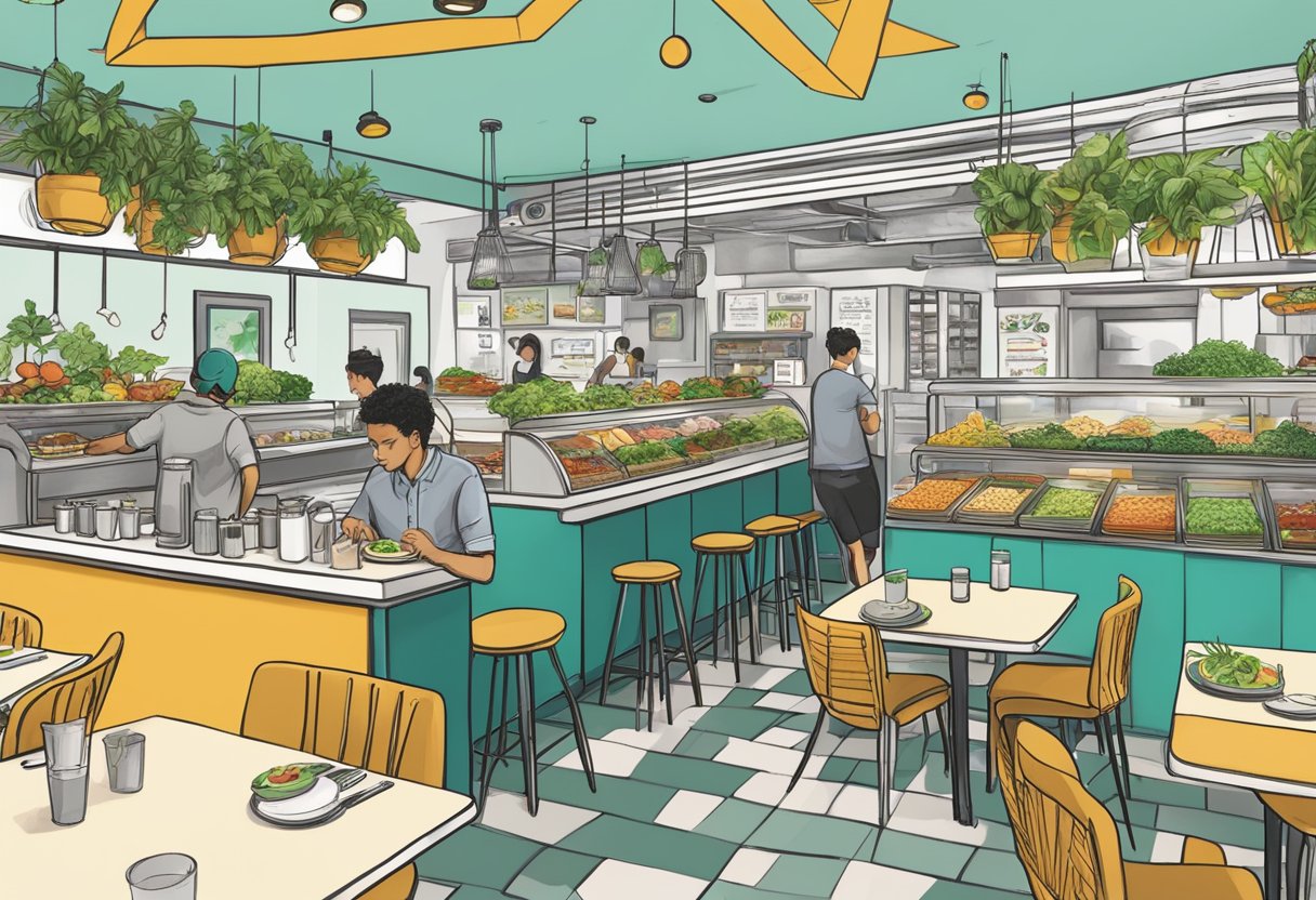 A bustling veganburg restaurant in Singapore, with colorful decor and a variety of plant-based dishes on the menu