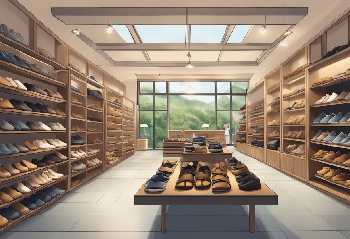 A cozy Birkenstock outlet in Singapore, with shelves of sandals and shoes, soft lighting, and a welcoming atmosphere