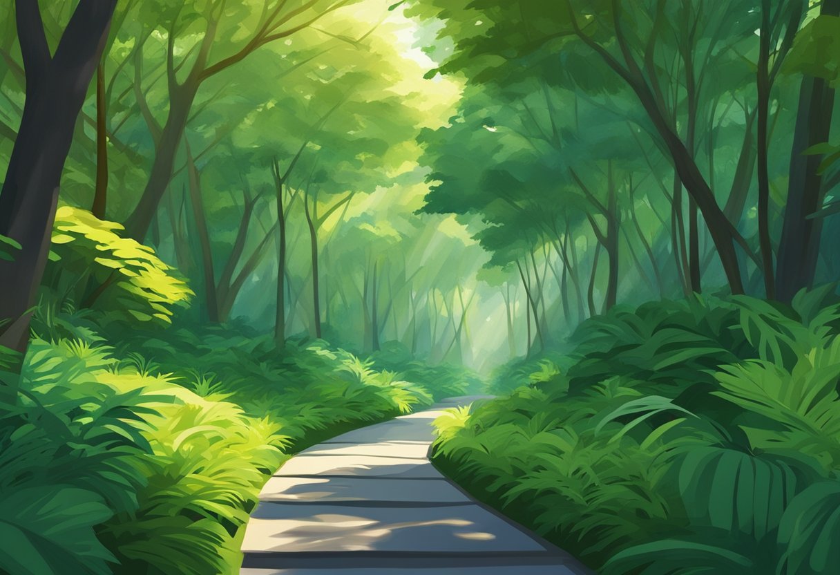 A lush green corridor in Singapore, with tall trees and vibrant plants lining the path. The sun filters through the leaves, creating dappled shadows on the ground