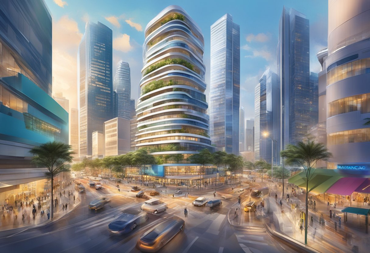 A bustling cityscape with modern architecture and vibrant street life in the heart of Singapore, showcasing the energy and dynamism of the APM Monaco brand