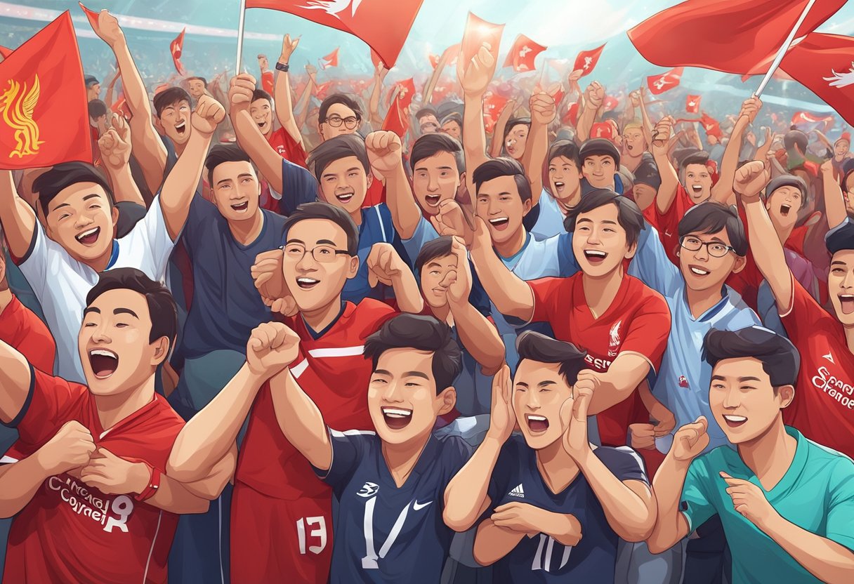 Liverpool fans in Singapore, cheering and waving flags, engage with the team during a match