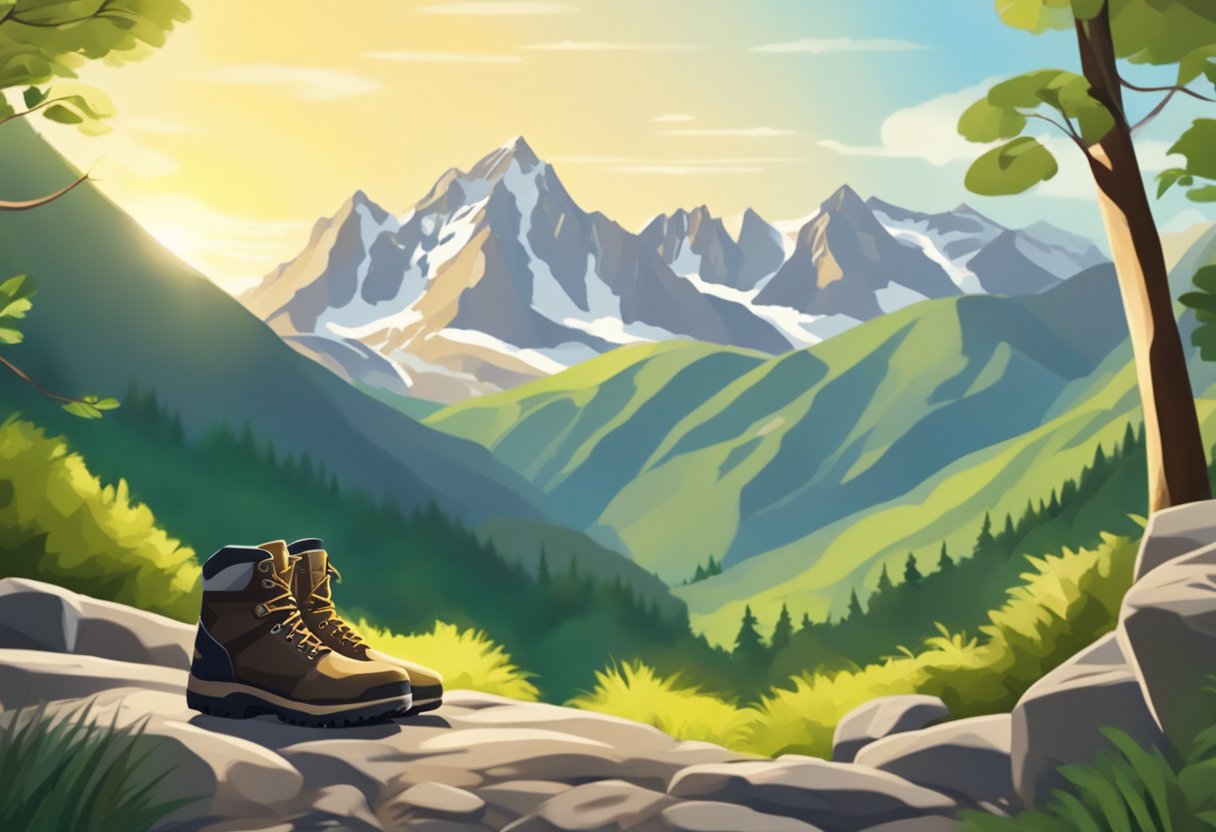 Hiking boots on rocky path, surrounded by lush greenery and towering mountains. Sunshine filters through the trees, casting dappled shadows on the ground
