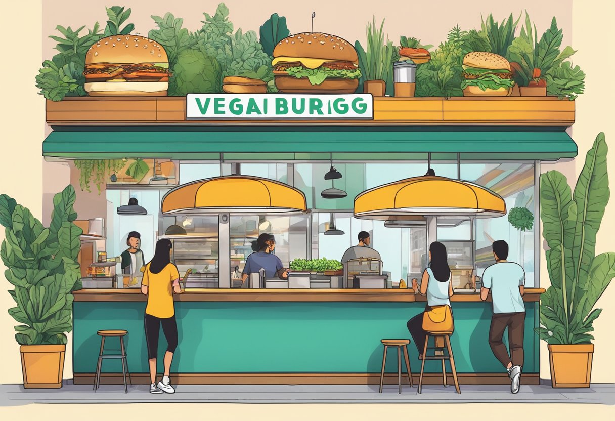 A bustling VeganBurg restaurant in Singapore, with vibrant decor and a variety of plant-based burgers on display. Customers chat and enjoy their meals in a lively atmosphere
