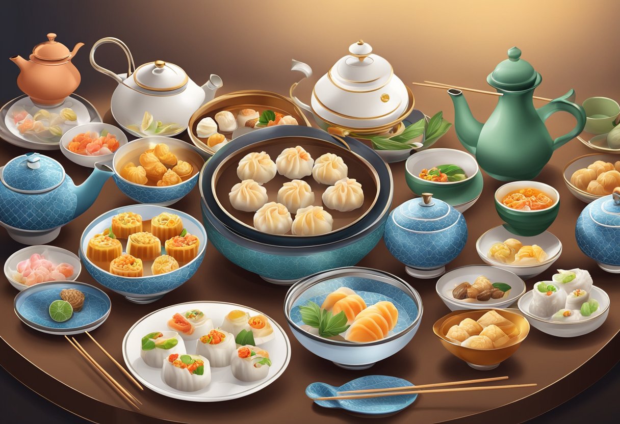 A table set with a variety of halal dim sum dishes, steaming and aromatic, surrounded by colorful teapots and delicate chopsticks