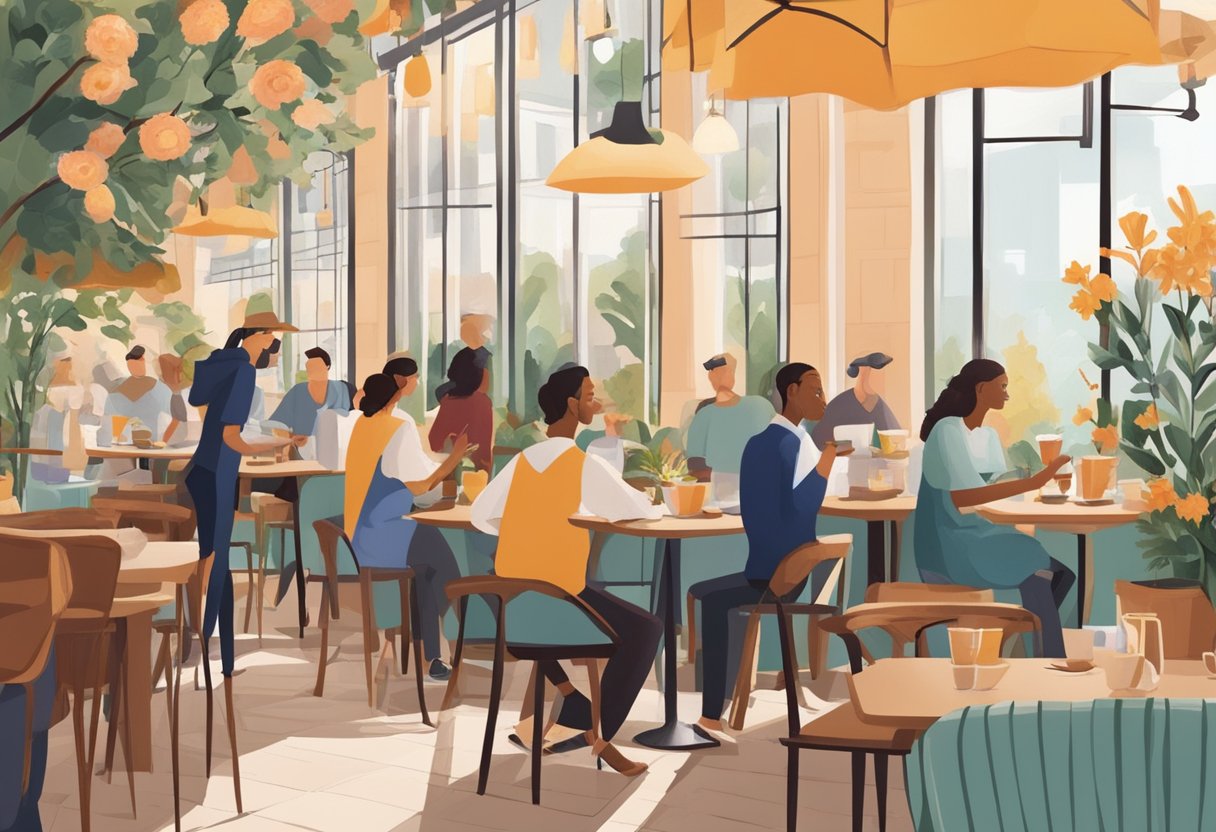 A bustling cafe with customers enjoying coffee and pastries, while staff engage in friendly conversations. Tables are adorned with fresh flowers and the aroma of freshly brewed coffee fills the air
