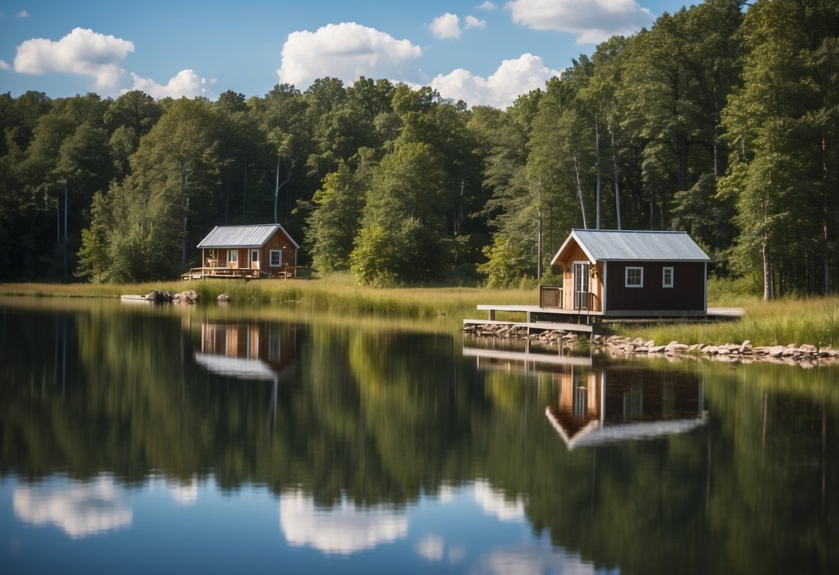 Tiny houses dot a picturesque Michigan landscape, nestled among lush greenery and serene lakes, with clear blue skies overhead