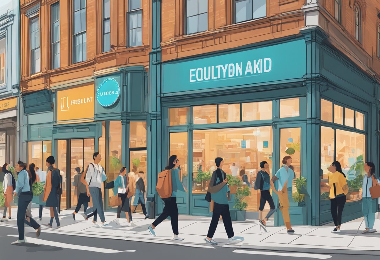A bustling city street with a prominent sign reading "Frequently Asked Questions Liverpool Singapore" above a modern storefront. Pedestrians walk by, and the scene is filled with energy and movement