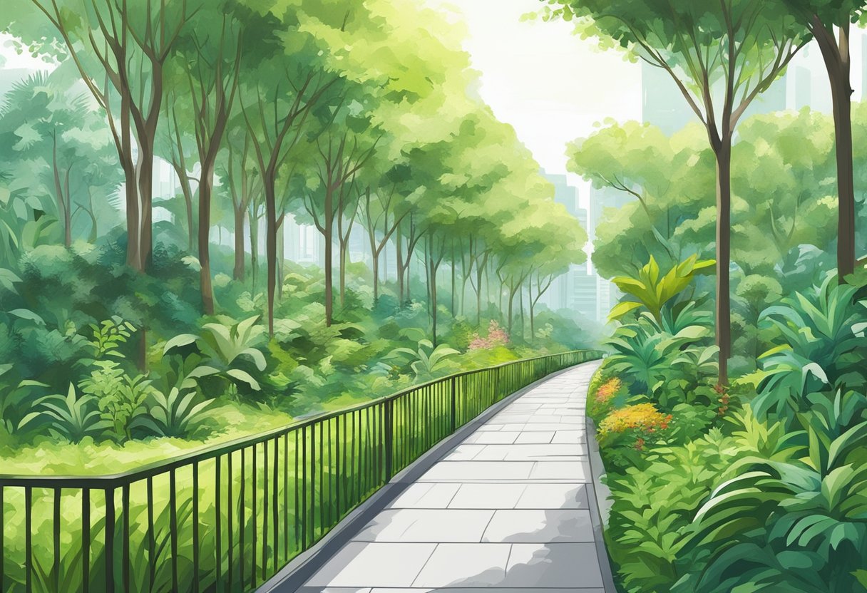 A long, lush green corridor in Singapore, with vibrant plant life and a clear pathway for pedestrians