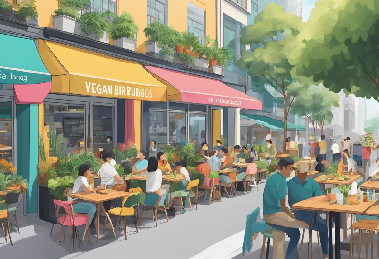 A bustling street with colorful signs, outdoor seating, and a variety of plant-based dishes being served at VeganBurg Singapore