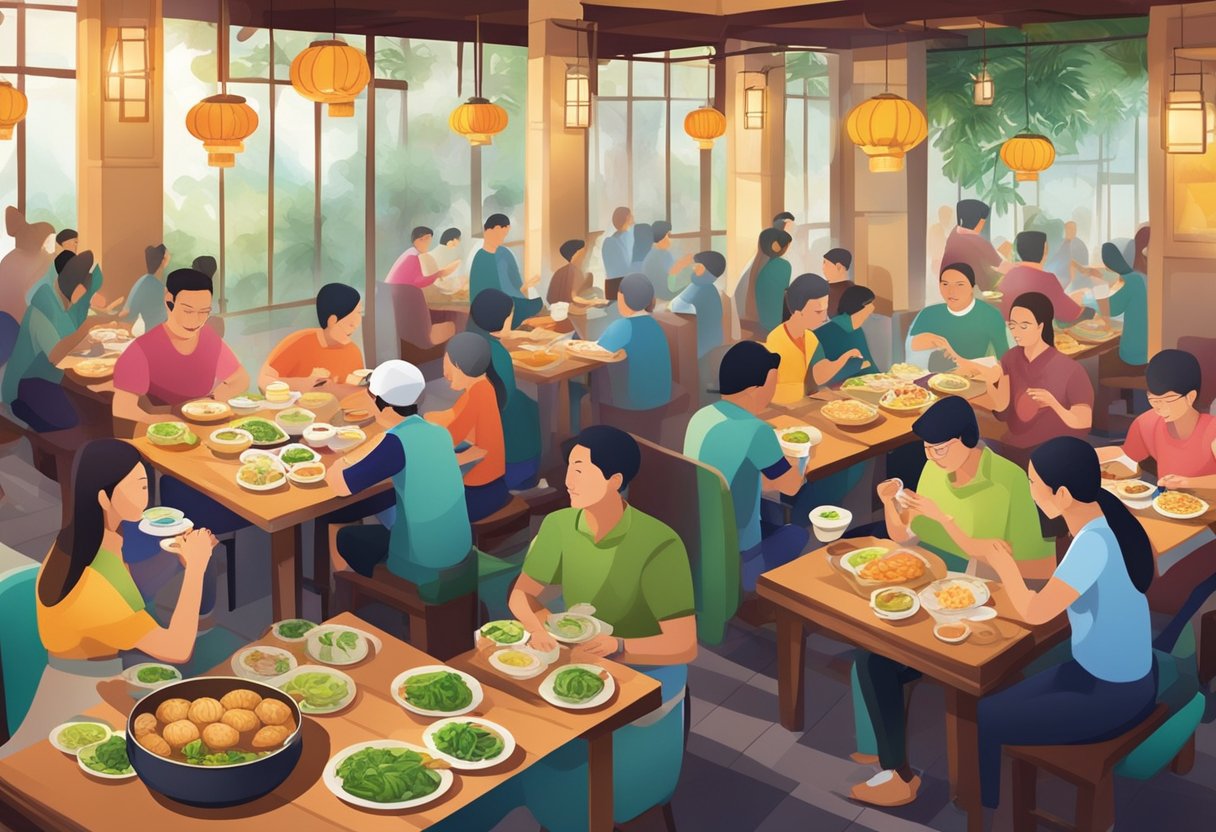 Customers enjoying halal dim sum in a bustling Singapore restaurant. Steam rising from bamboo baskets, colorful dishes on tables. Vibrant atmosphere