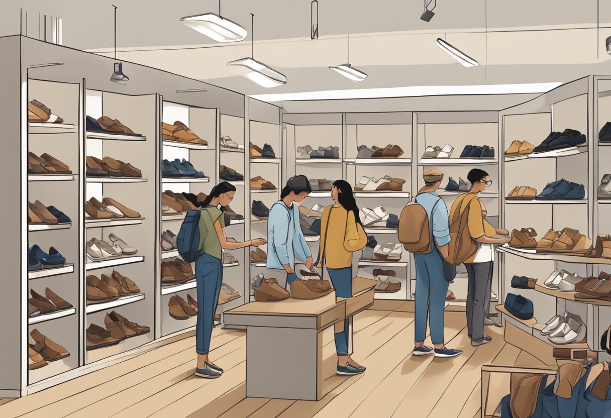 A bustling Birkenstock outlet with customers trying on sandals, staff assisting, and shelves stocked with various styles