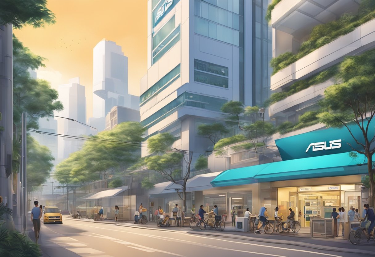 An Asus service center sign stands prominently in a bustling Singapore street. Brightly lit and easily accessible