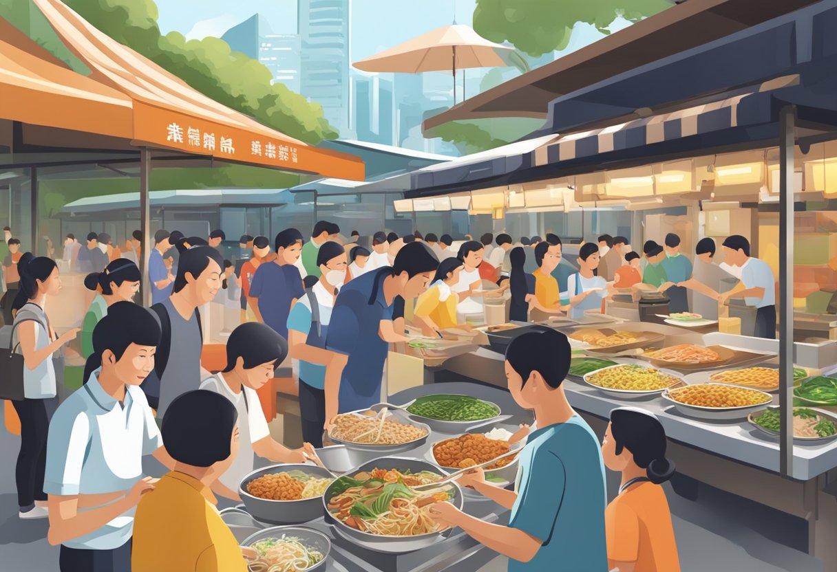 The Singapore Food Agency inspects a bustling hawker center, with various vendors preparing and serving diverse local dishes