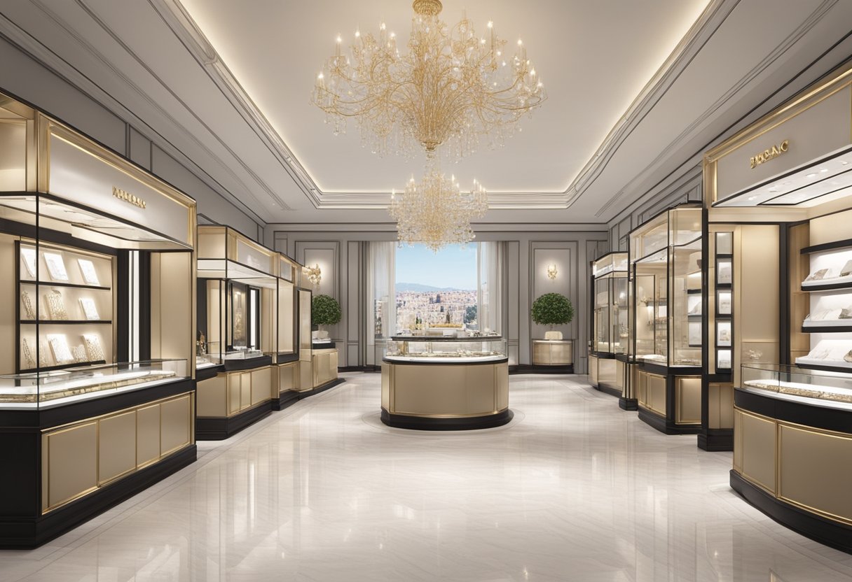 An elegant jewelry boutique with sleek displays and luxurious decor, showcasing APM Monaco collections. Customers browse the exquisite pieces in a sophisticated and inviting atmosphere