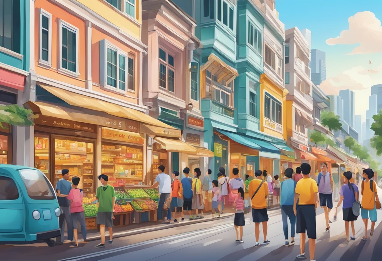 A bustling street in Singapore with colorful shopfronts and vibrant signs, showcasing the diverse culture and lively atmosphere of the city