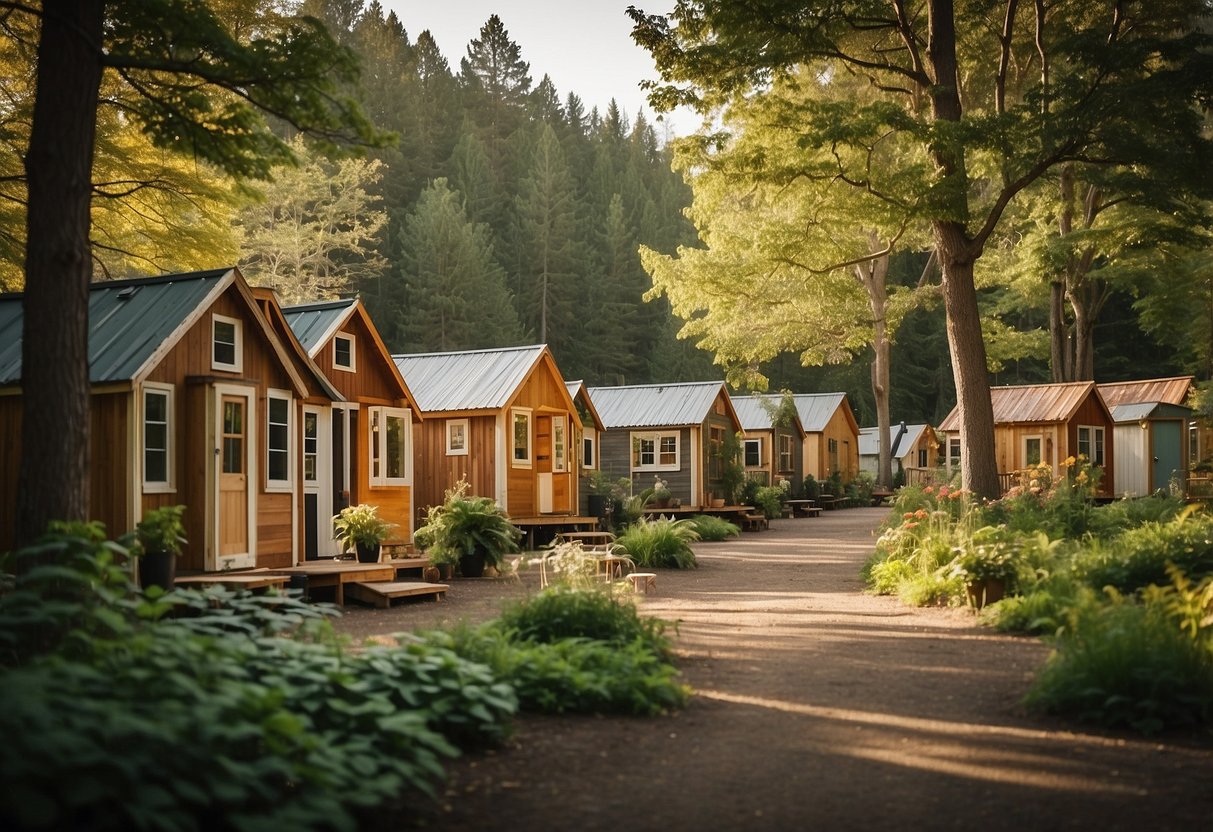 A cluster of tiny houses nestled in a wooded community, with shared gardens and communal spaces. The small dwellings are surrounded by nature, creating a peaceful and sustainable lifestyle