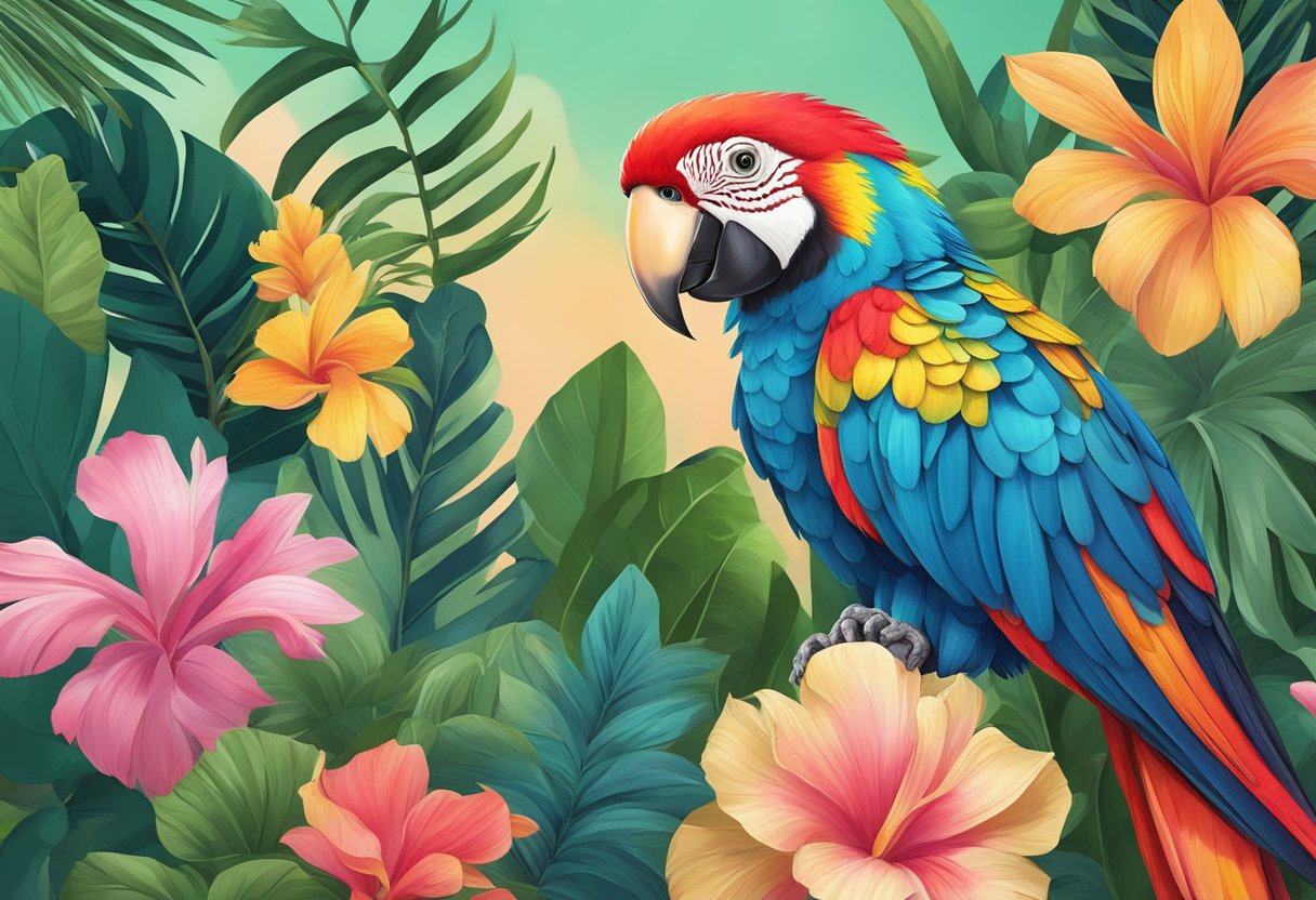 A colorful parrot perched on a lush, tropical branch, with vibrant flowers and exotic foliage in the background