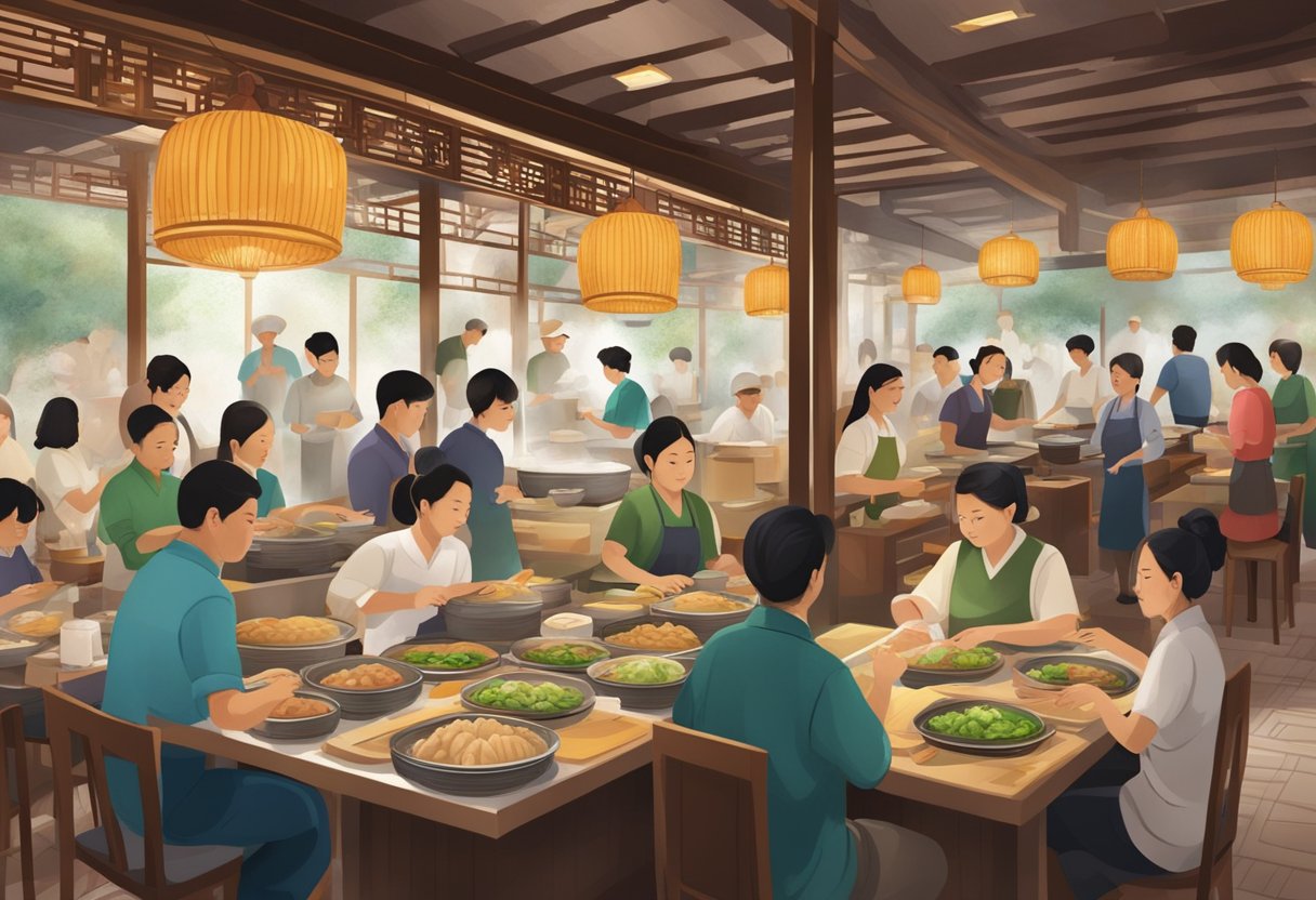 A bustling dim sum restaurant with steaming bamboo baskets, colorful plates, and a busy staff serving eager customers