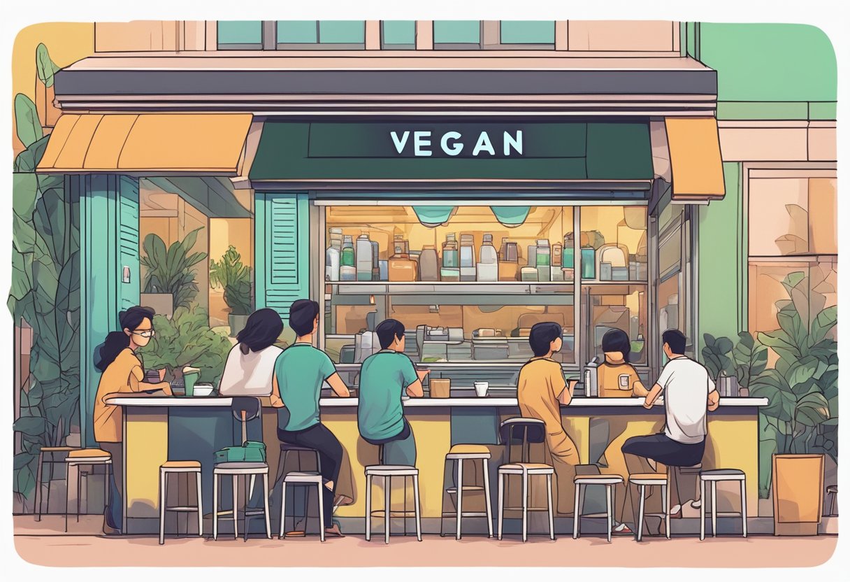 A bustling vegan restaurant in Singapore with a neon sign, outdoor seating, and a line of customers waiting to order